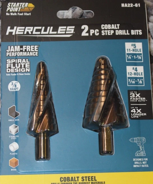 Hercules 2pc Cobalt Step Drill Bits with Jam Free Spiral Flute Design #HA22-61