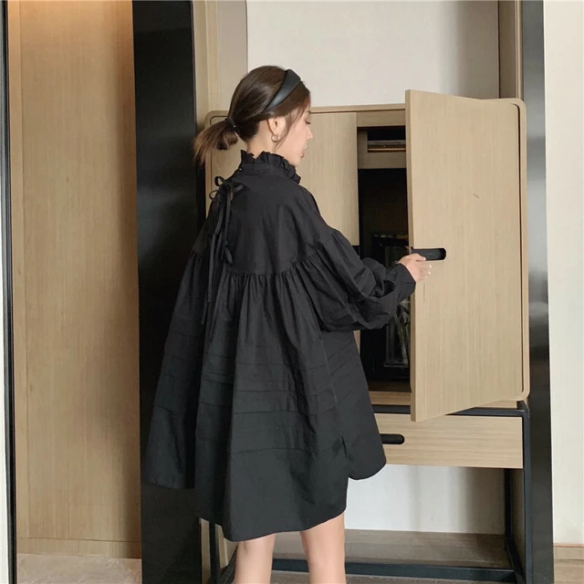 Womens Cute Casual Long Shirt Blouse Tops Puff Sleeve Lolita Retro Loose Dresses