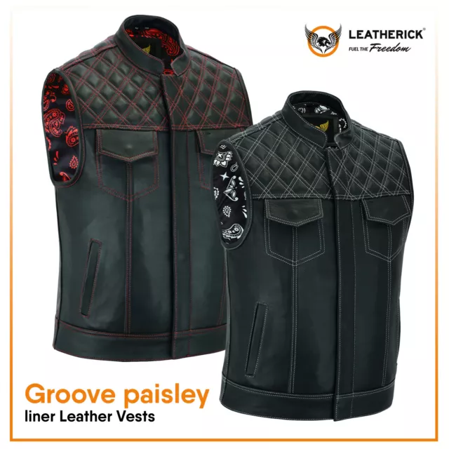 Leatherick Men Top Grain Leather Groove Biker Club Waistcoats Paisley Liner Vest