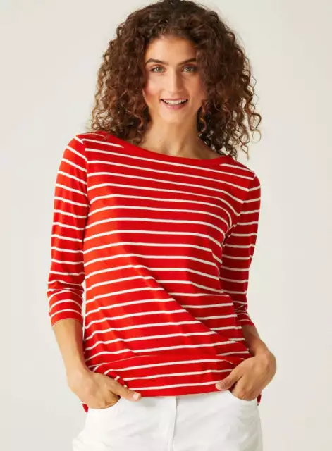 Ex Regatta Ladies Bayletta 3/4 Sleeve Stripe Top T shirt Navy white Red Peach 2