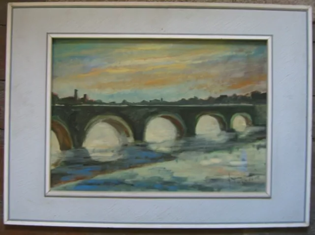 Oil Painting Ponte Di Tiberio Rimini Signed, Dated 1952 Frame Evening Mood