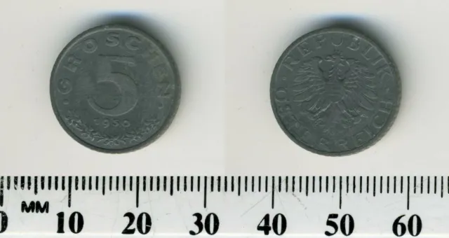 Austria 1950 - 5 Groschen Zinc Coin - Imperial Eagle with Austrian shield