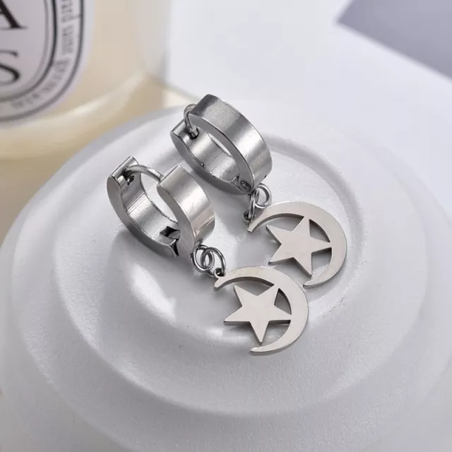 Men's Silver Star Moon Non Allergic Ear Buckle Punk Stainless Steel Earring H02