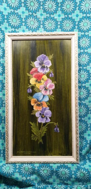 **Sale**Vintage Kitsch Oil Floral Still Life Pansies Violas signed dated 1974