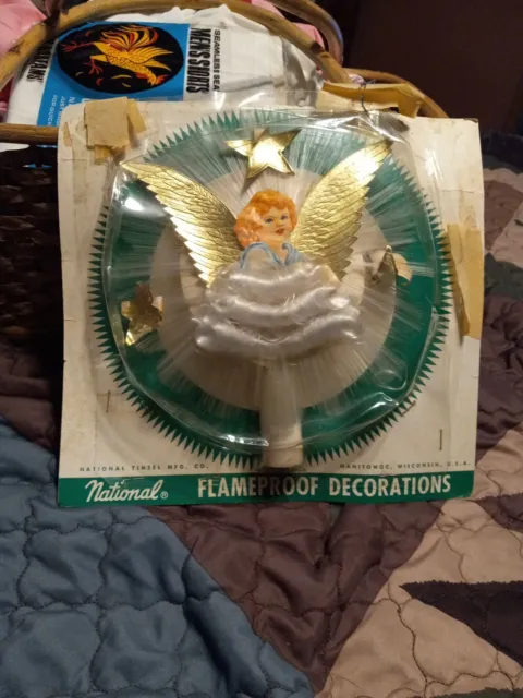 Vintage Spun Glass Tree Topper Angel With Litho Face Gold