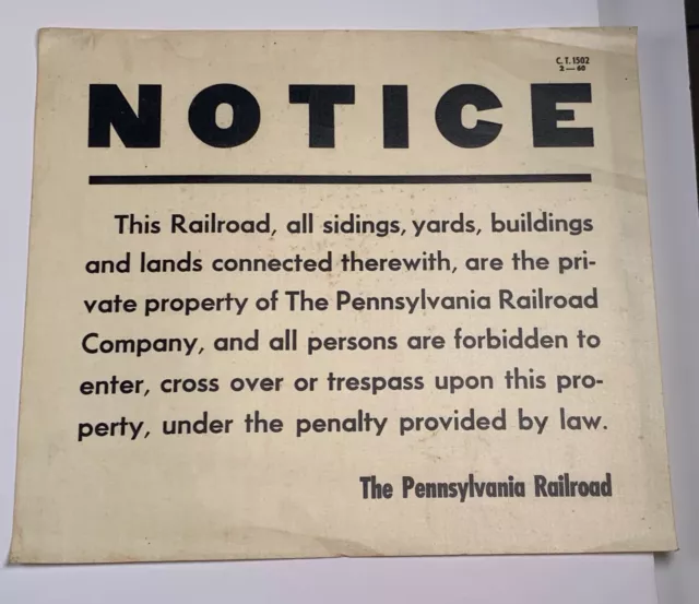 Railroad Sign Pennsylvania Railroad Notice February 1960