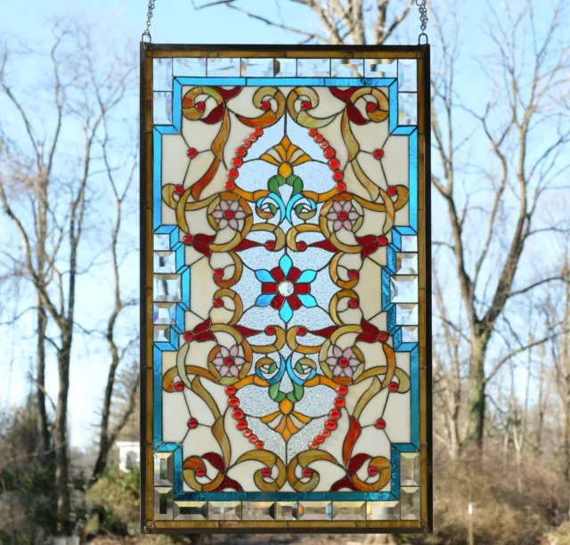 Handcrafted Jeweled Beveled stained glass window panel. 20.5"W x 34.5"H