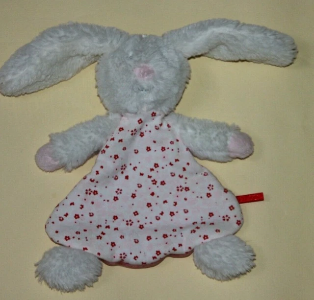 Doudou SUCRE d'ORGE lapin plat blanc fleurs rose fourrure pas servi