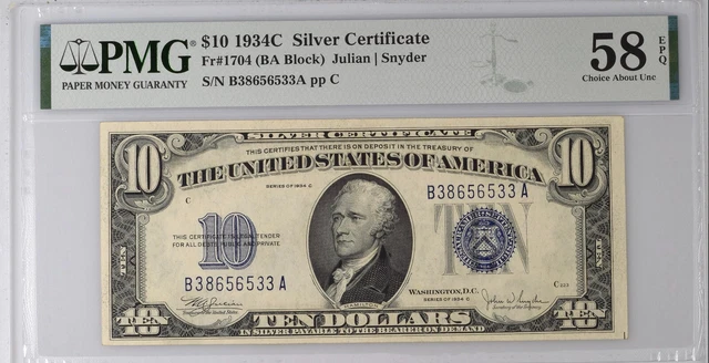 1934C $10 Ten Dollar Silver Certificate, Fr#1704, Pmg Choice About Unc 58 Epq