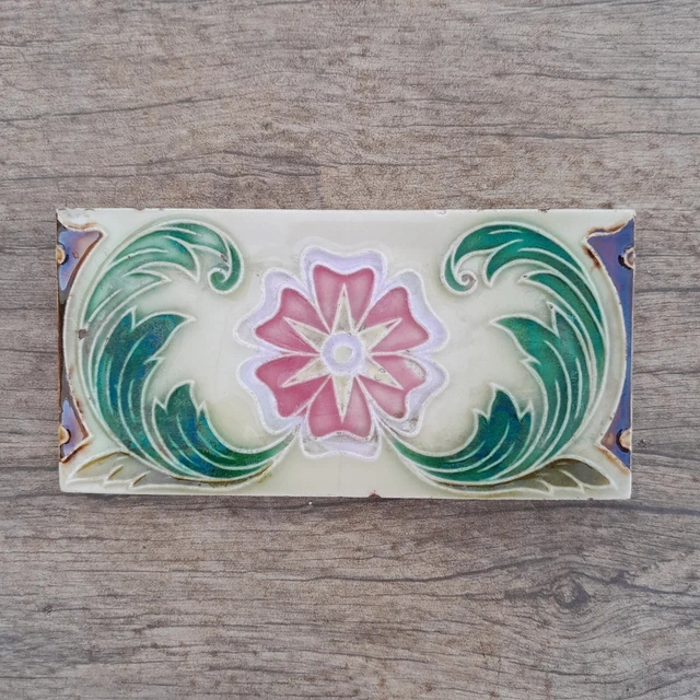 Original vintage art nouveau Victorian majolica floral tile gorgeous