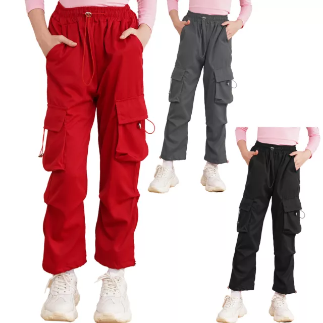 Kids Girls Cargo Pants Pockets Trousers Casual Sweatpants School Streetwear