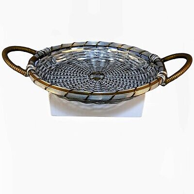 💎 Handled Silver Metal Tray Decorative Weaved Woven Basket Large Round 10"