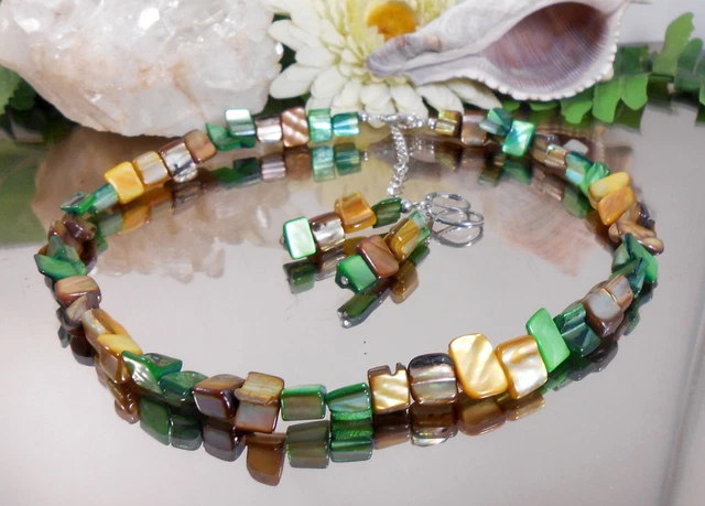 2er Set Collier + Ohrringe Perlmutt Muschelperlen Nuggets grün braun