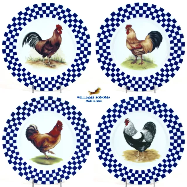 Williams-Sonoma ROOSTER 8.25" Salad Plate Set 4Pc Blue Check Porcelain Mint