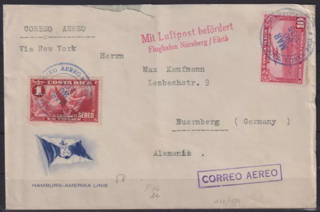 AA047) Costa Rica Luftpost Brief LuPo Flugpost 1935 nach Nürnberg via New York