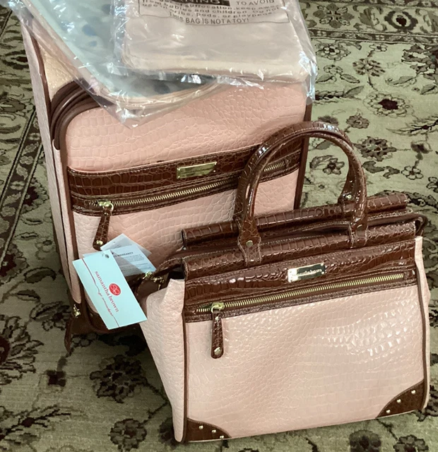 👜Samantha Brown Croco-Embossed RARE PINK/BROWN LUGGAGE SET TRAVEL NIB TAGS🩰