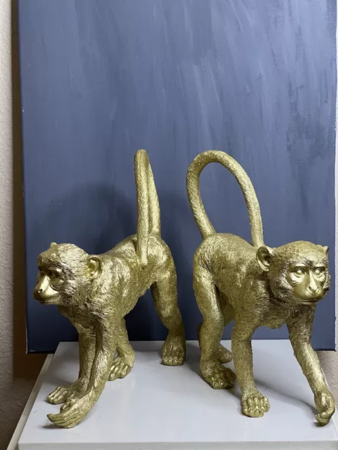 Pair Of Polyresin Standing Monkeys Accent Figurines with Fur Like Texture