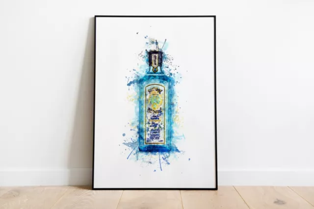 Watercolour Splash Aqua Gin Bottle Print A4 A3 A2 Maxi Wall Art Decor 5011