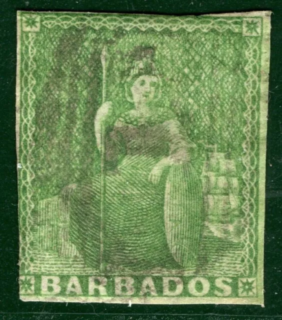 BARBADOS QV Classic SG.1 (½d) Yellow-Green (1855) BRITANNIA Used c£700- BRBLUE34