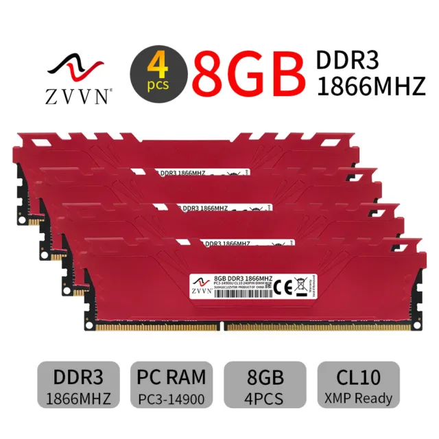 32GB 4x 8GB DDR3 1866MHz CL10 PC3-14900U 240Pin DIMM Desktop Gaming RAM ZVVN Red