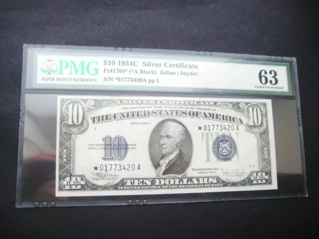 Wow Rare $10 1934 C***Star***Silver Certificate Bu Note**Pmg 63 Good Embossing** 2