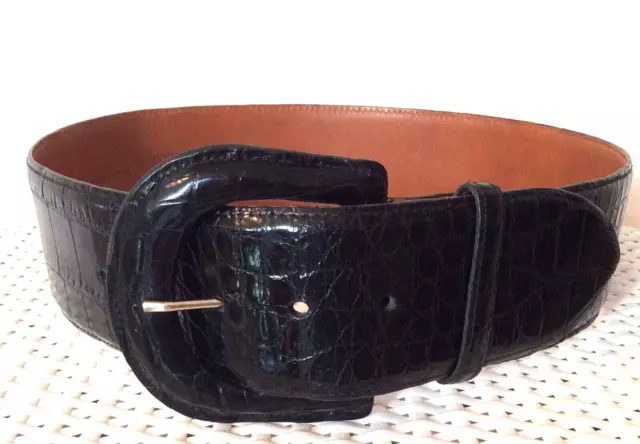 Ralph Lauren Collection vtg 2” wide black genuine alligator belt & buckle sz 30”