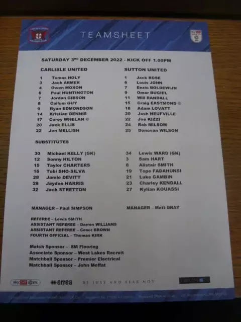 03/12/2022 Colour Teamsheet: Carlisle United v Sutton United (folded)