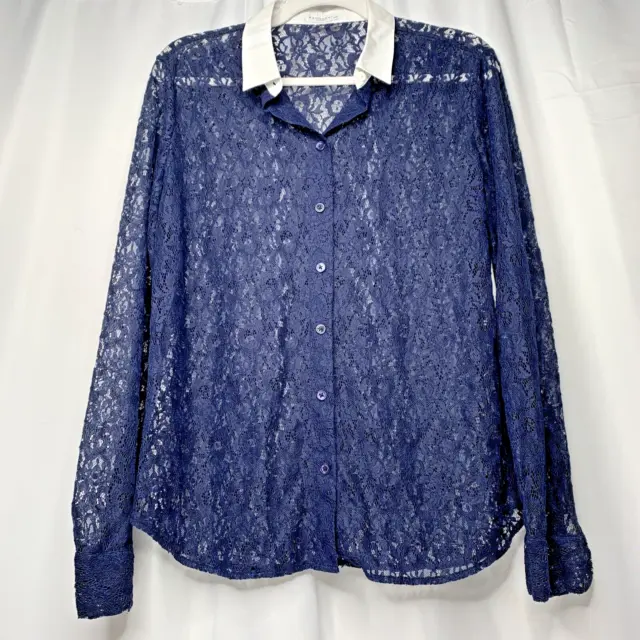 Equipment Femme Women’s Sheer Lace Collared Button Up Blouse Blue Size Medium