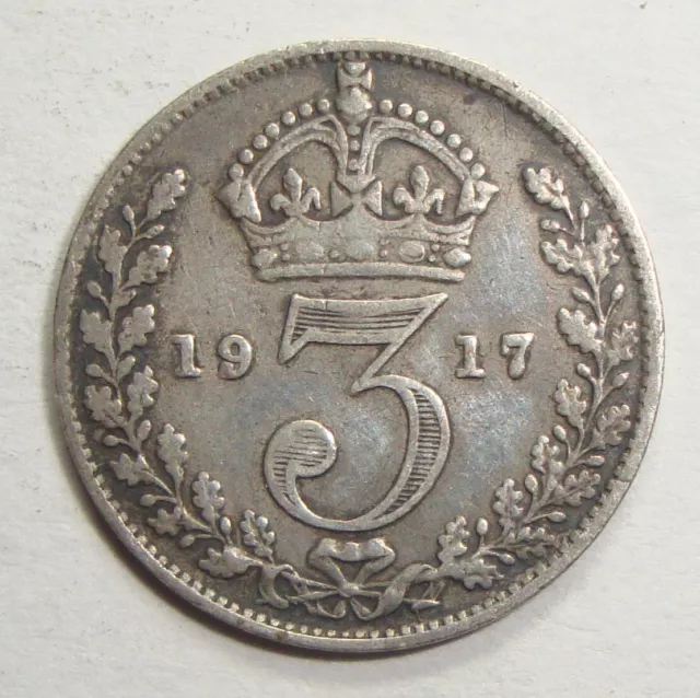 1917 Great Britain Three 3 Pence George V Sterling Silver World Coin