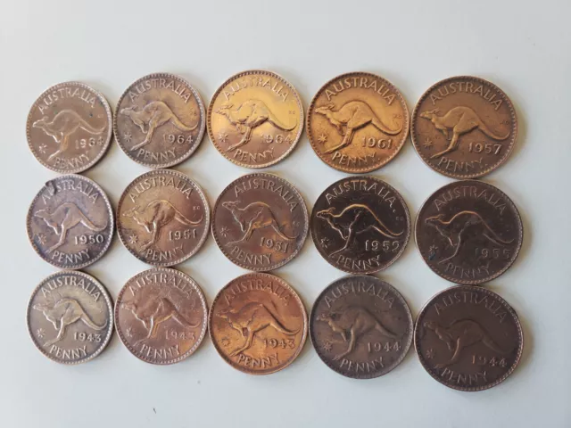AUSTRALIAN 15x ONE PENNY'S 1943 to 1964