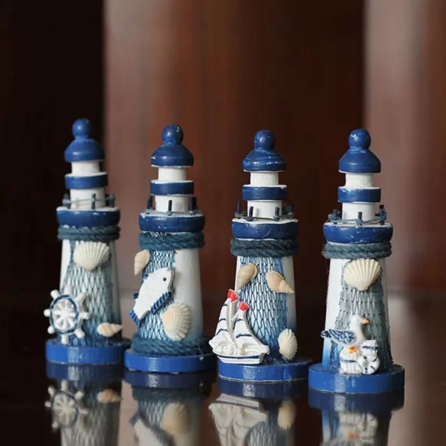 4pcs Mini Lighthouse Mediterranean Figurines Rustic Nautical Wood Model Decor-RG