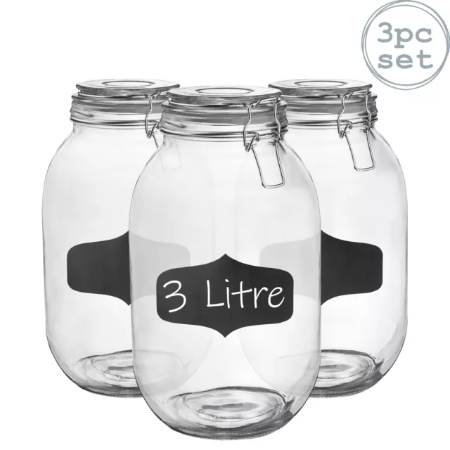 Glass Storage Jars Airtight Clip Top Lid Food Preserve Preserving Jar 3 Litre x3