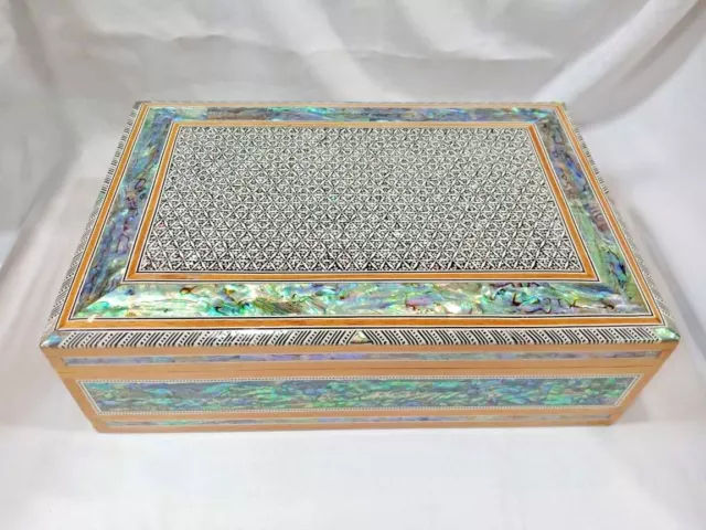 Egyptian Mother of Pearl Paua Green Wood Inlaid Jewelry Box Handmade 12"X8" #563