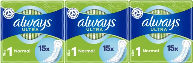 Always Ultra Normal Sanitärhandtücher Pads Größe 1 Damen super saugfähig 45er Pack