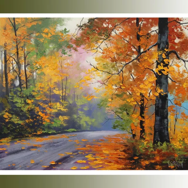 gGercken LARGE Autumn Oil painting FALL TREES ART ROAD TRAIL Traditional Art