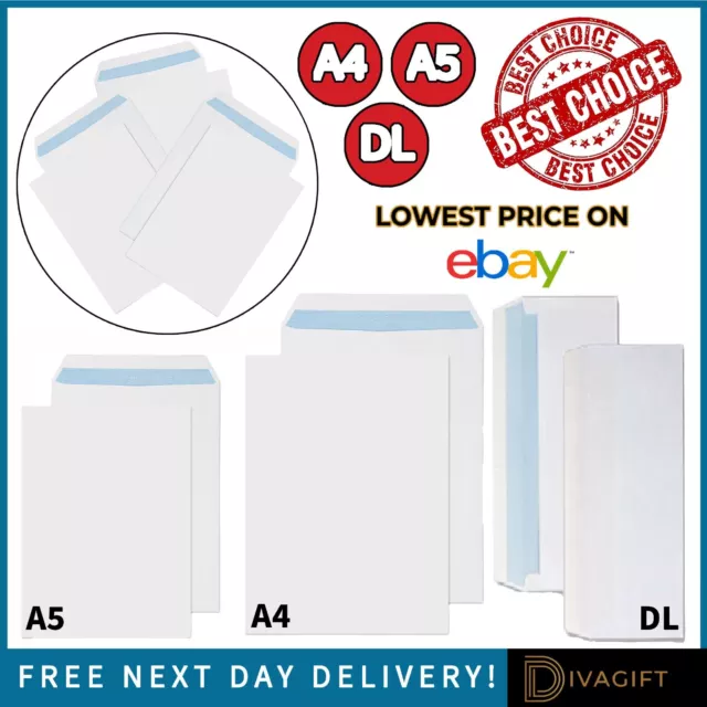 White Envelopes Strong Postal Plain Self Seal Manilla Letter Post A4 A5 Dl Sizes