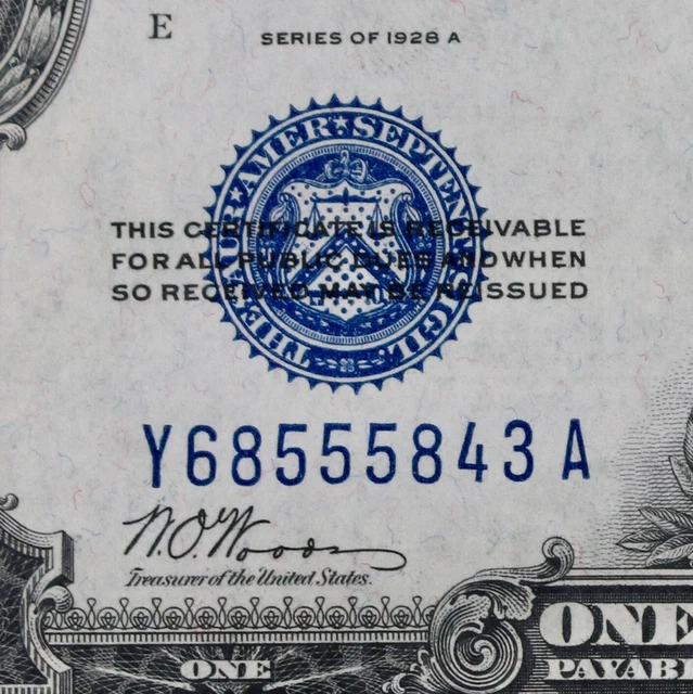 $1 1928A CU Funny back Silver Certificate Y68555843A series A, one dollar