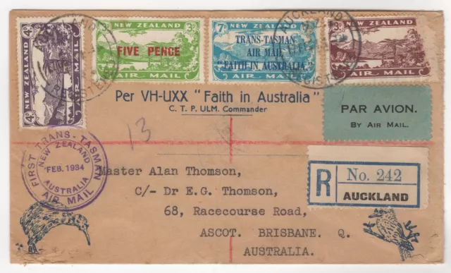 1934 Feb 17th. First Flight Cover. New Zealand to Australia. AAMC 360.