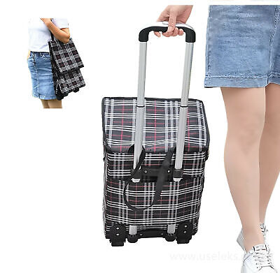 Fineget Rolling Shopping Grocery Folding Cart Bag Wheeled Grid for Women Beach