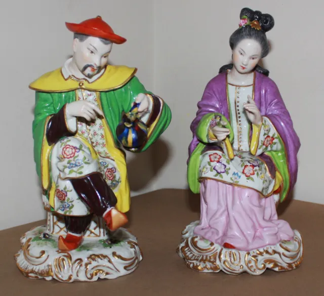 Antique Bourdois & Bloch Porcelain Figurine Chinese Man & Woman 9.7" & 9.4" tall