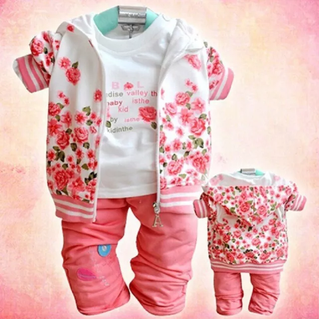 3pcs Toddler Baby Girls Peony coat+long sleeve T-shirt+ pants Kids Clothes Set