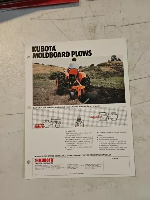 Vintage 1977 Kubota Moldboard Plows Dealer Sales Brochure Spec Sheet