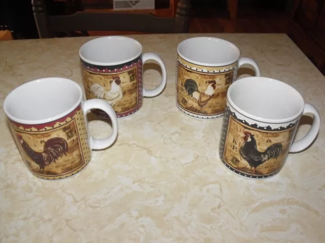 Set 4~Sakura Retro Rooster~French Country Coffee Cups~Mugs Vguc