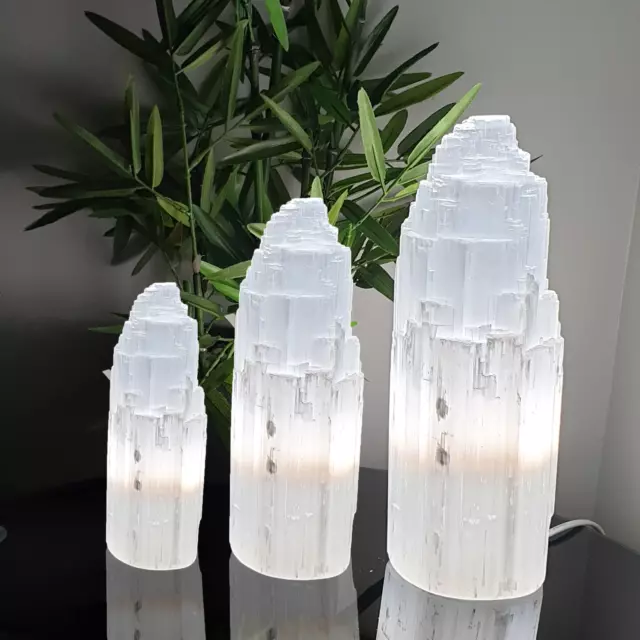 Selenite Crystal USB Tower Lamp Natural Handcrafted White Mineral Decor & Gift