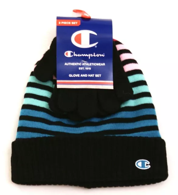 Champion Multi Color Striped Knit Cuff Beanie & Gloves Youth Boy's 8-20 NWT