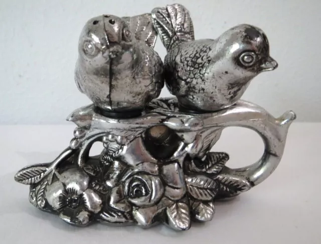 Vintage Silver Tone Plastic Birds On Branch Salt And Pepper Shakers Hong Kong
