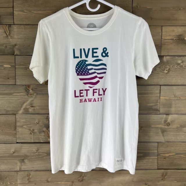 Life Is Good Womens Shirt Short Sleeve Hawaii Live & Let Fly Flag Heart Medium