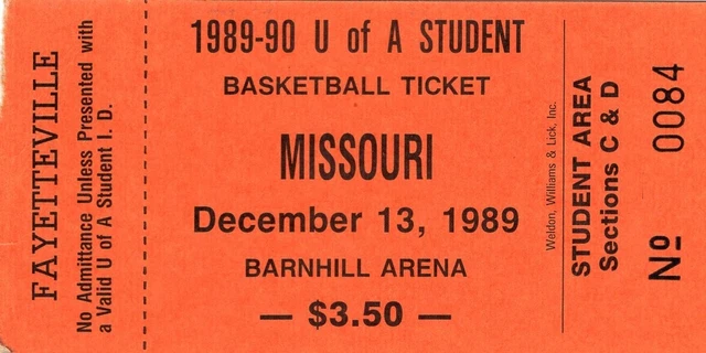Vintage Arkansas Razorbacks Basketball Ticket Stub Missouri Game 12/13/1989