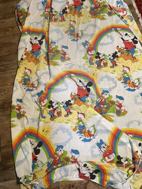 Vintage Disney Mickey Mouse Fitted Sheet Twin Rainbow Painting Donald Duck