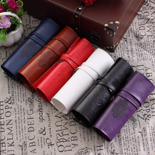 Elegant Leather Effect Roll Up Wrap Pencil Case Pen Pouch